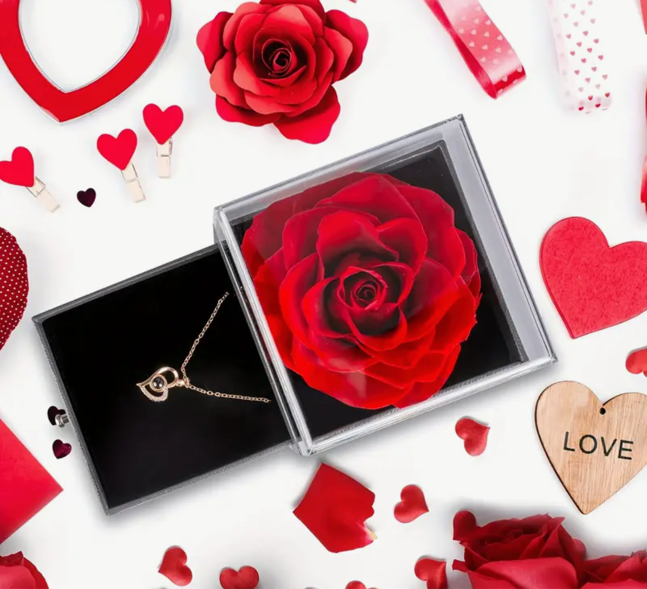 Real eternal rose stainless steel heart necklace